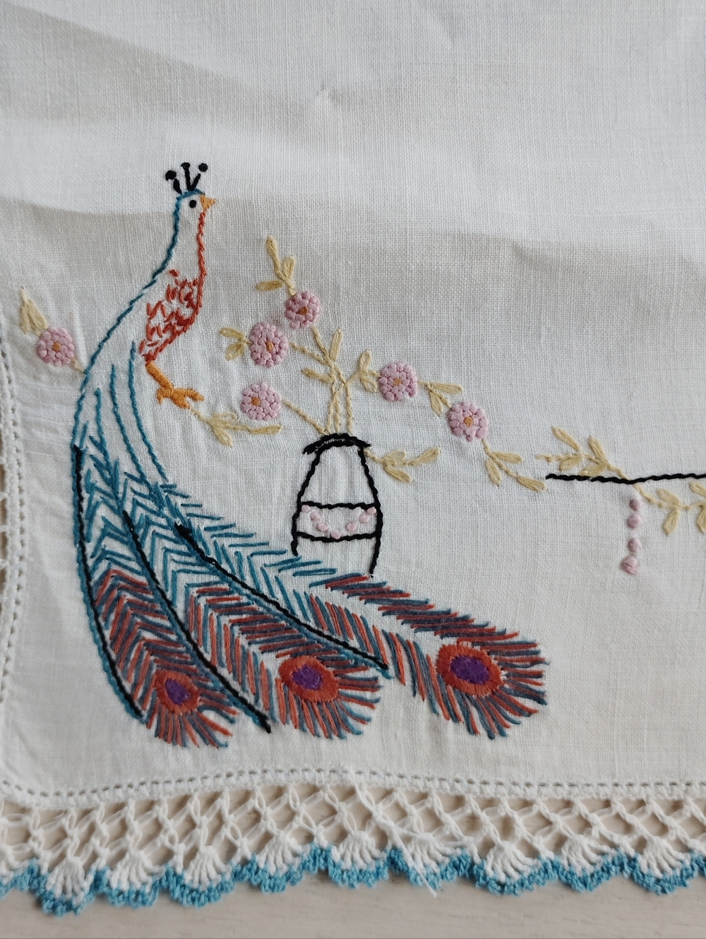 Vintage Handmade Embroidery & Crochet Peacock Napkins